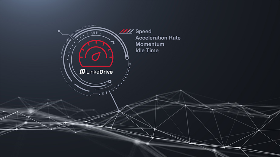 LinkeDrive branded web of data points with Speed, Acceleration Rate, Momentum and Idle Time outlined.